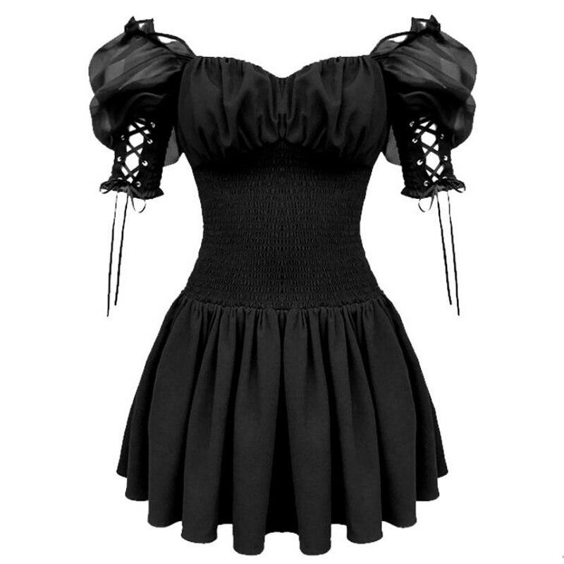 Harajuku Gothic Black Dress Streetwear Lace Up Sleeve Slash Neck Retro Vintage Mesh Summer Goth Punk Women A-Line Party Dresses