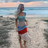 Wide Stripe Beach Sundress Knit Midi Contrast Color Patchwork Dress Beachwear