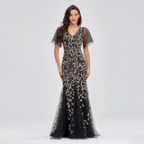 Formal Evening Dress Plus Size Mermaid V Neck Short Sleeve Lace Appliques Tulle Long Party Gowns Robe