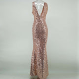 Shining Gold Sequin Maxi V-neck Chic Evening Party Mermaid Elegant Sleeveless Sequins Dress