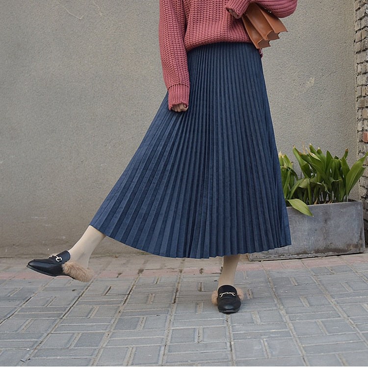 Two Layer Women Suede Pink High Waist Long Pleated Midi Vintage Skirt Streetwear