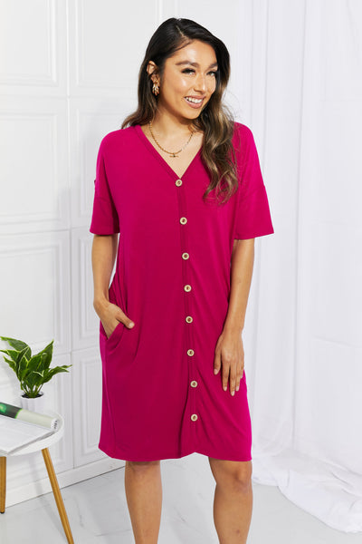 BOMBOM Sunday Brunch Button Down Midi Dress in Magenta Print on any thing USA/STOD clothes