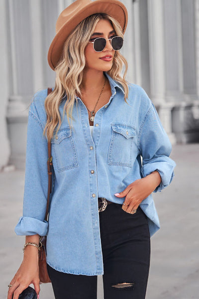 Collared Neck Dropped Shoulder Denim Top Print on any thing USA/STOD clothes