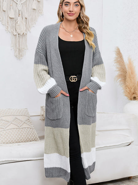 Color Block Long Sleeve Pocketed Cardigan Print on any thing USA/STOD clothes