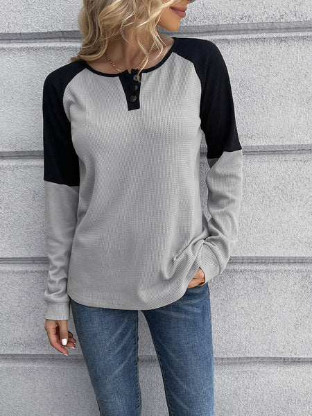 Contrast Buttoned Round Neck Raglan Sleeve Top Print on any thing USA/STOD clothes