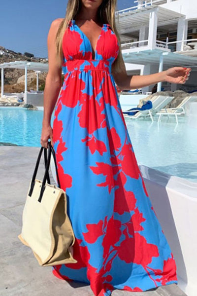 Contrast Halter Neck Maxi Dress Print on any thing USA/STOD clothes