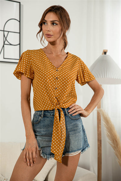 Decorative Button V-Neck Tied Blouse Print on any thing USA/STOD clothes