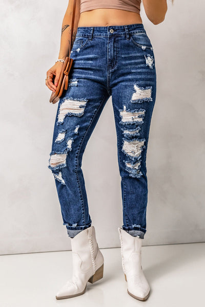 Distressed High Waist Jeans with Pockets Print on any thing USA/STOD clothes