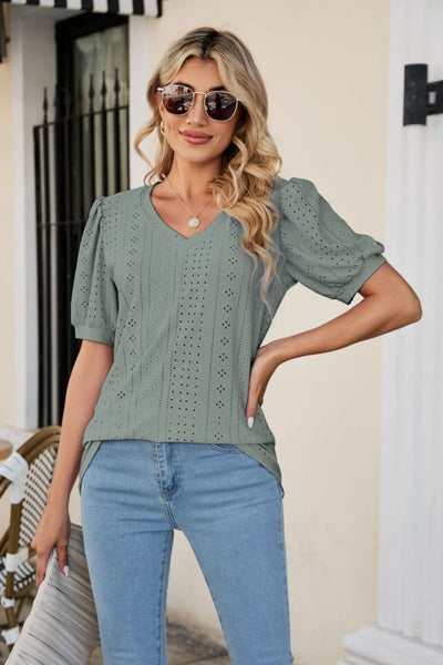 Eyelet Puff Sleeve V-Neck Top Print on any thing USA/STOD clothes