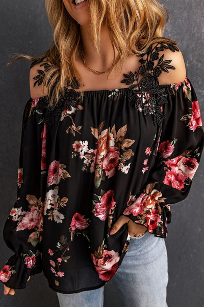 Floral Lace Cold-Shoulder Flounce Sleeve Blouse Print on any thing USA/STOD clothes