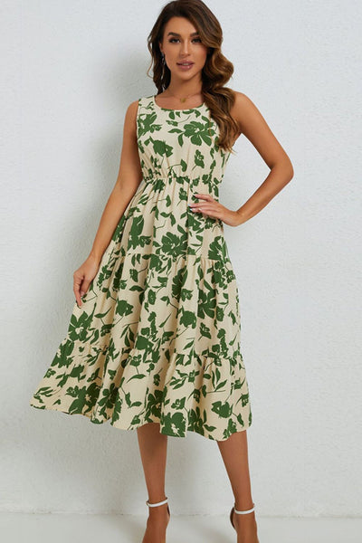 Floral Round Neck Tiered Sleeveless Dress Print on any thing USA/STOD clothes