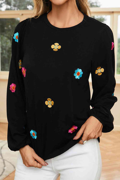 Flower Round Neck Balloon Sleeve Blouse Print on any thing USA/STOD clothes