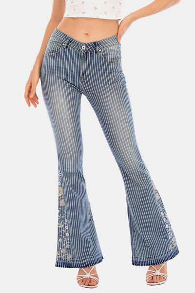 Full Size Flower Embroidery Wide Leg Jeans Print on any thing USA/STOD clothes