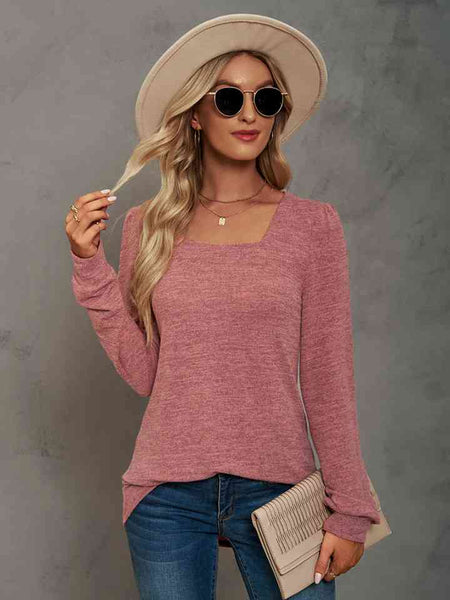 Heathered Square Neck Long Sleeve T-Shirt Print on any thing USA/STOD clothes
