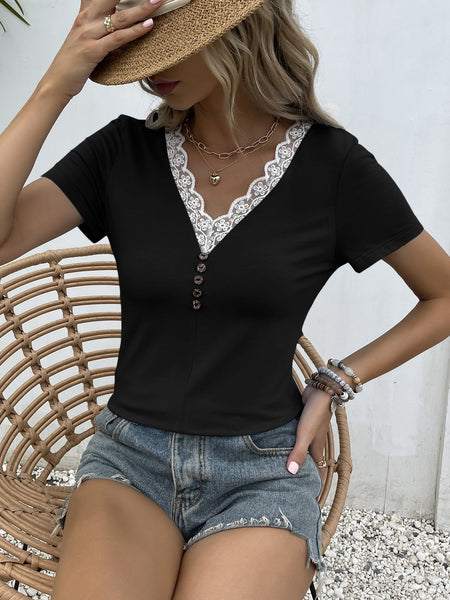 Lace Trim V-Neck Short Sleeve Blouse Print on any thing USA/STOD clothes