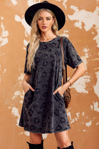 Leopard Round Neck Dropped Shoulder Dress with Pockets Print on any thing USA/STOD clothes