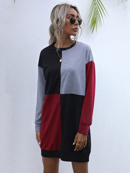 Long-sleeved color block round neck casual sweatshirt dress Print on any thing USA/STOD clothes
