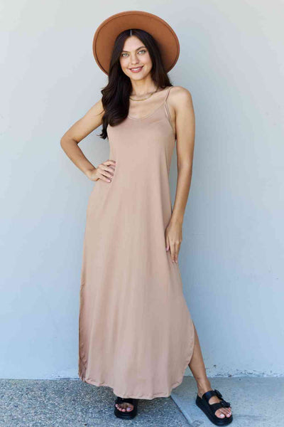 Ninexis Good Energy Full Size Cami Side Slit Maxi Dress in Camel Print on any thing USA/STOD clothes