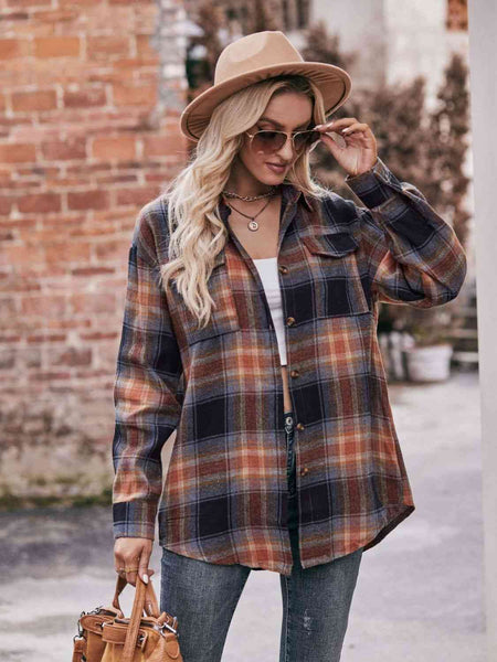 Plaid Dropped Shoulder Longline Shirt Print on any thing USA/STOD clothes