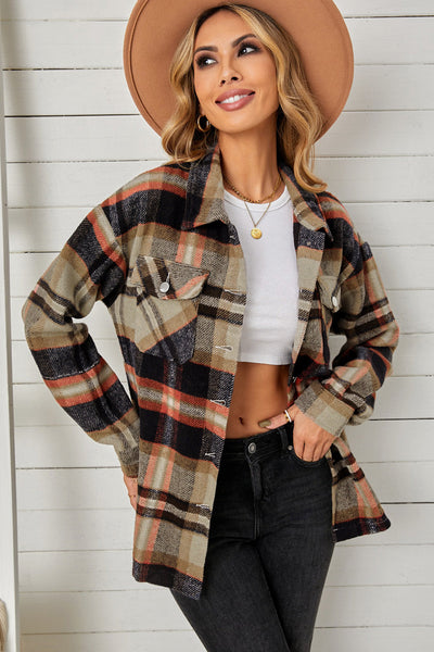 Plaid Pocketed Button Down Shacket Print on any thing USA/STOD clothes