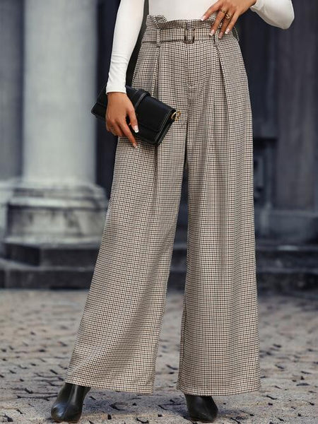 Plaid Wide Leg Pants With Belt Print on any thing USA/STOD clothes