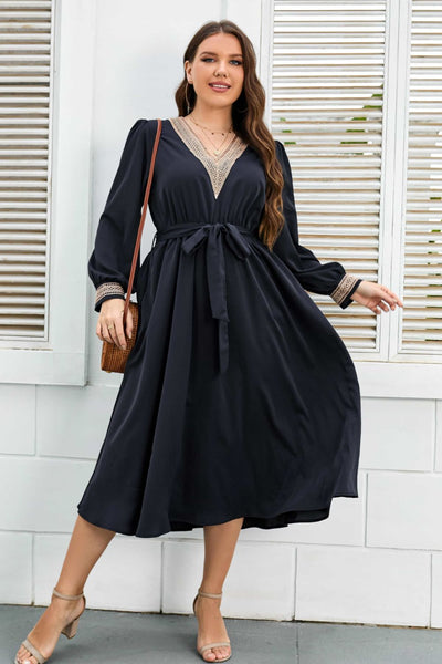 Plus Size Contrast Tie Waist Midi Dress Print on any thing USA/STOD clothes