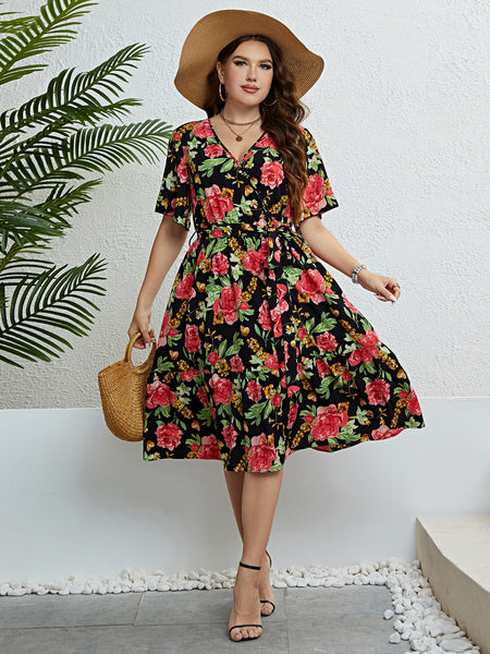 Plus Size Floral Tie Belt Surplice Dress Print on any thing USA/STOD clothes