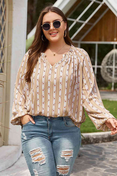 Plus Size Striped Notched Neck Blouse Print on any thing USA/STOD clothes