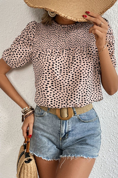 Printed Smocked Puff Sleeve Blouse Print on any thing USA/STOD clothes