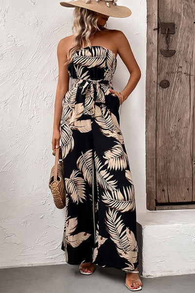 Printed Strapless Wide Leg Jumpsuit with Pockets Print on any thing USA/STOD clothes