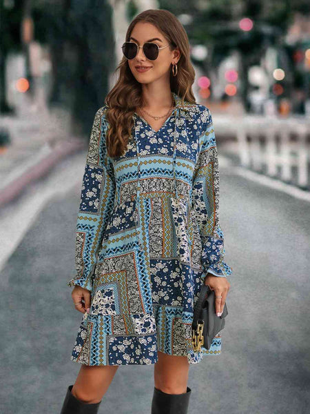 Printed Tie Front Flounce Sleeve Dress Print on any thing USA/STOD clothes