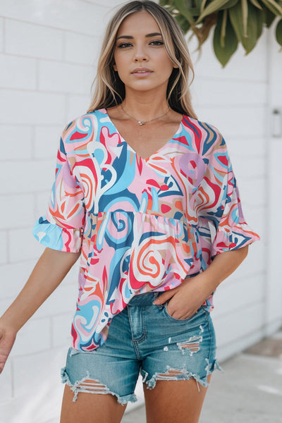 Printed V-Neck Flounce Sleeve Blouse Print on any thing USA/STOD clothes