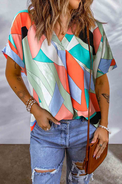 Printed V-Neck Short Sleeve Blouse Print on any thing USA/STOD clothes