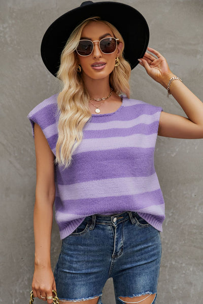 Striped Round Neck Cap Sleeve Knit Top Print on any thing USA/STOD clothes