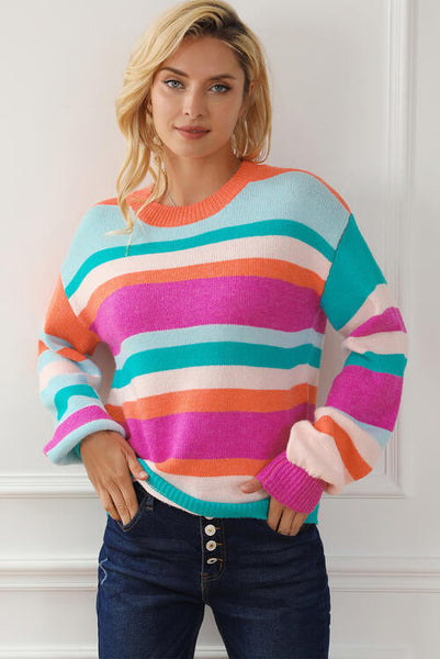 Striped Round Neck Long Sleeve Knit Top Print on any thing USA/STOD clothes