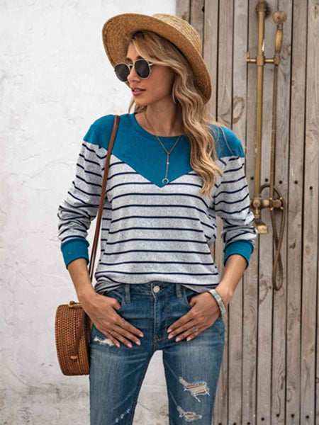 Striped Round Neck Long Sleeve T-Shirt Print on any thing USA/STOD clothes