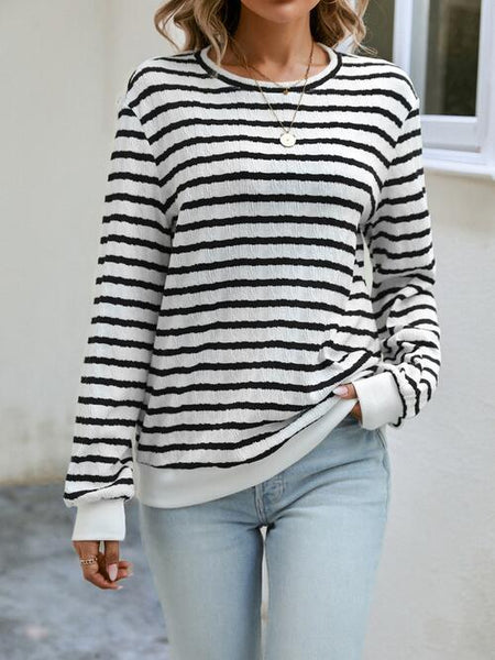 Striped Round Neck Long Sleeve Top Print on any thing USA/STOD clothes