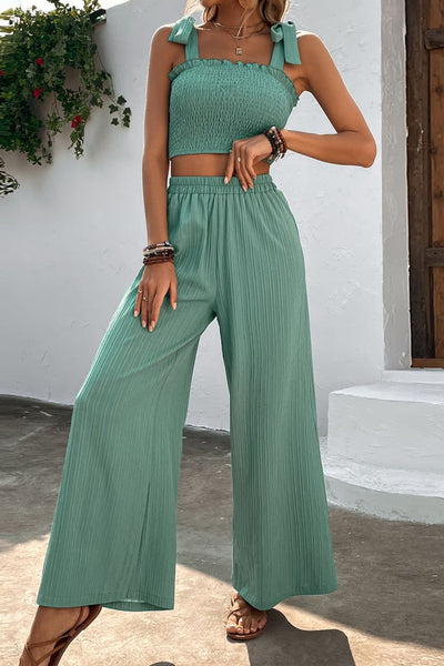 Tie Shoulder Smocked Crop Top and Wide Leg Pants Set Print on any thing USA/STOD clothes