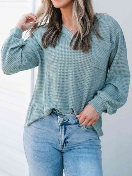 Waffle-Knit V-Neck Blouse with Breast Pocket Print on any thing USA/STOD clothes
