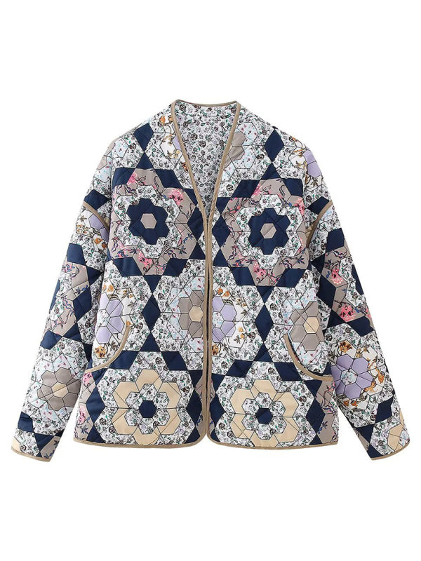 महिलाओं के लिए फैशनेबल फूल पैटर्न वाला बिना बटन वाला प्रतिवर्ती रजाई बना हुआ जैकेट