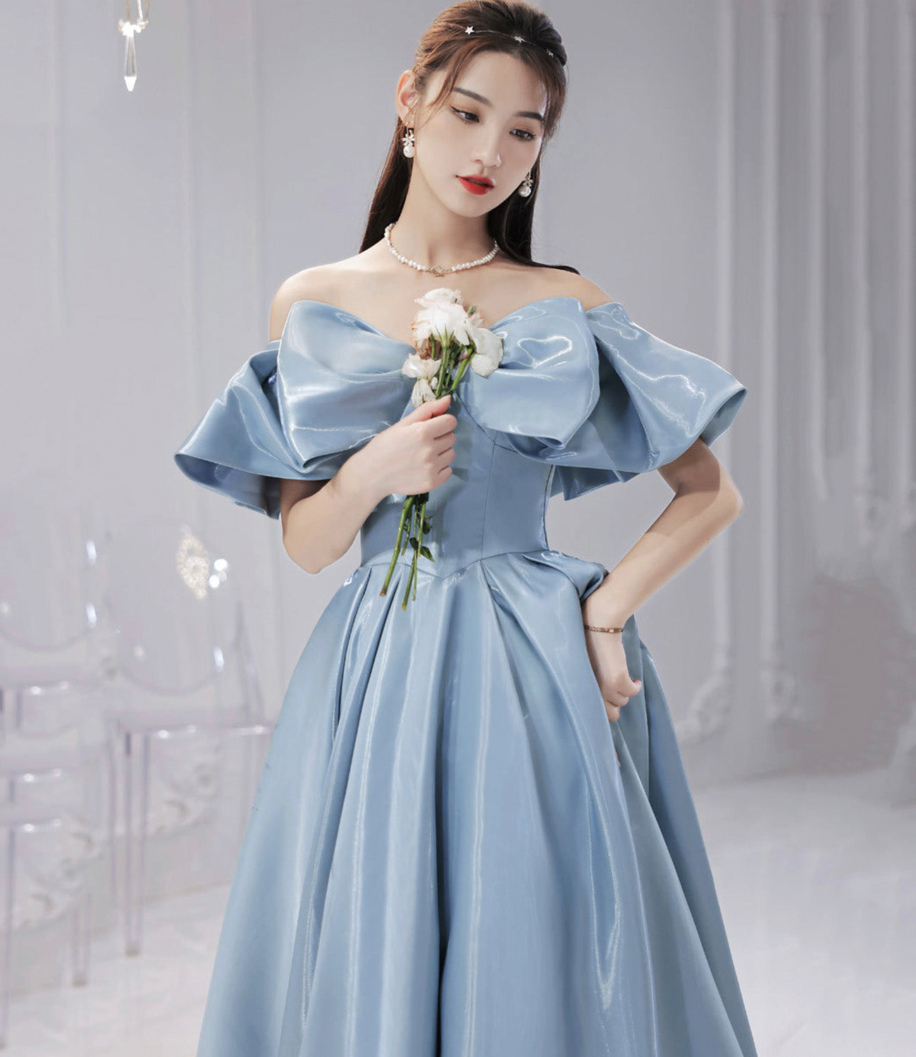 Blue satin long prom dress A line evening dress 10581 – girlhomeshops