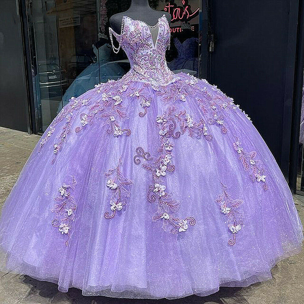 Lavender Quinceanera Dresses Ball Gown Off Shoulder Beaded Flower Swee ...
