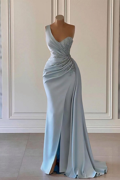 Luxury Sky Blue One-Shoulder Prom Dress Mermaid Split With Ruffles gh2 ...