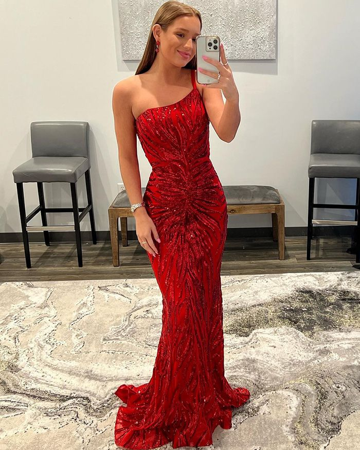 Red Sequin Mermaid One Shoulder Prom Dress gh2487 – girlhomeshops