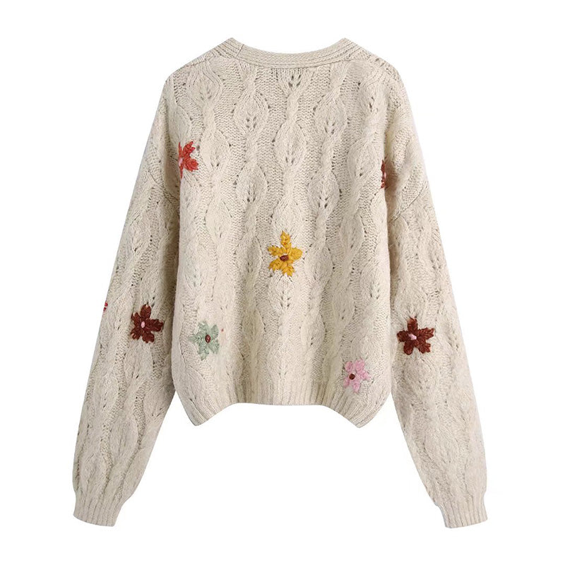 V-Neck long sleeve floral embroidery loose knit coat 7727 – girlhomeshops