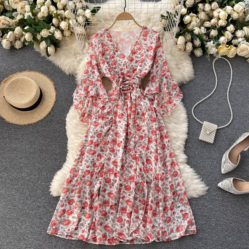 Cute v neck floral dress A line fashion dress 501 – girlhomeshops