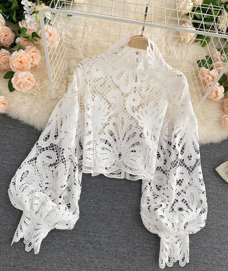 Stylish hollow lace top puff sleeve top 381 – girlhomeshops
