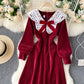 Lovely A line corduroy dress long sleeve lace dress  922