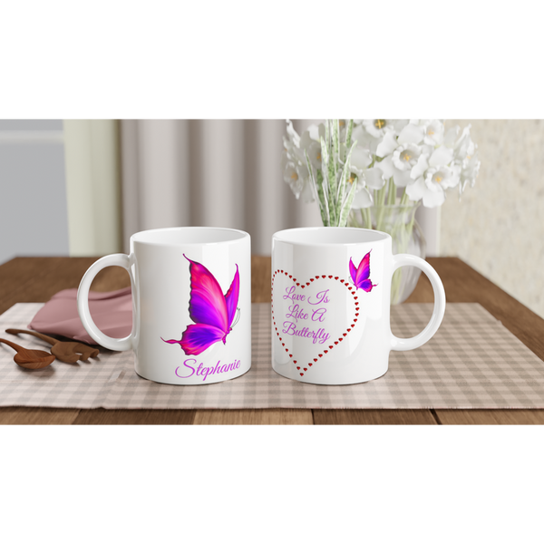 Pretty personalised Love is Like a Butterfly, double-sided design mug –  