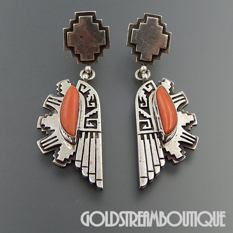 NATIVE AMERICAN VINTAGE HOPI STERLING SILVER CORAL OVERLAY CROSS WING DANGLE POST EARRINGS